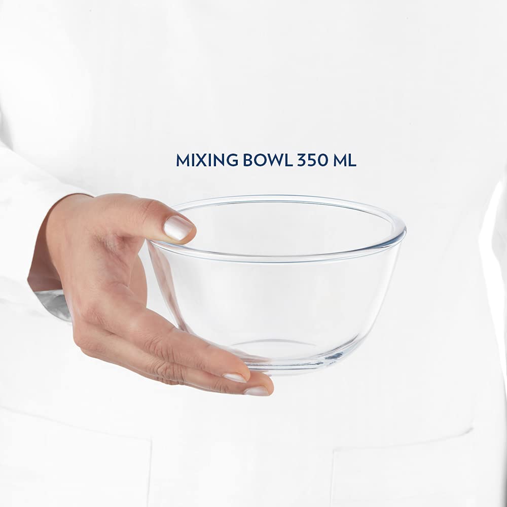Borosil Basic 350 ML + 500 ML + 900 ML + 1300 ML Mixing Bowl Set with Plastic Lid | Transparent | Set of 4 Pcs