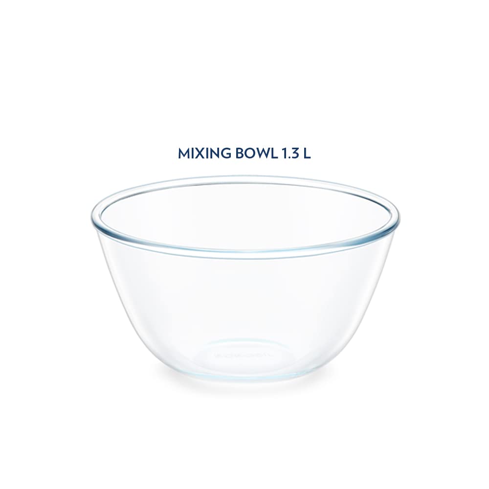 Borosil Basic 350 ML + 500 ML + 900 ML + 1300 ML Mixing Bowl Set with Plastic Lid | Transparent | Set of 4 Pcs