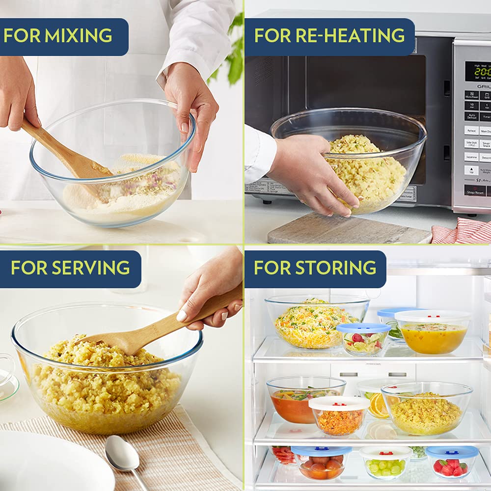 Borosil Basic 350 ML + 500 ML + 900 ML + 1300 ML Mixing Bowl Set with Plastic Lid | Transparent | Set of 4 Pcs