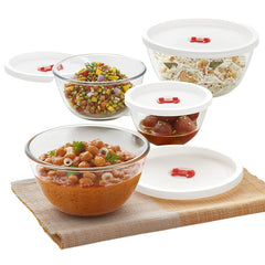 Borosil Basic 350 ML + 500 ML + 900 ML + 1300 ML Mixing Bowl Set with Plastic Lid | Transparent | Set of 4 Pcs
