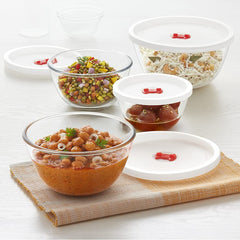 Borosil Basic 350 ML + 500 ML + 900 ML + 1300 ML Mixing Bowl Set with Plastic Lid | Transparent | Set of 4 Pcs