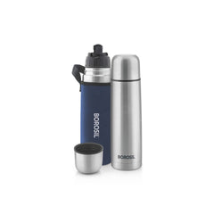 Borosil Stainless Steel Hydra Thermo Vacuum Insulated Flask | Silver & Blue | 1 Pc