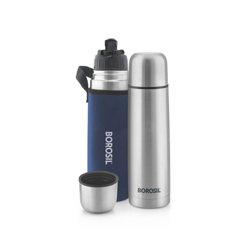Borosil Stainless Steel Hydra Thermo Vacuum Insulated Flask | Silver & Blue | 1 Pc
