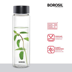 Borosil Neo Slim 550 ML Borosilicate Glass Bottle with Stainless Steel Lid | 1 Pc | Silver OR Black Lid