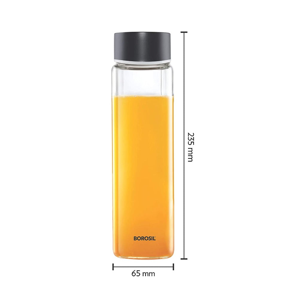 Borosil Neo Slim 550 ML Borosilicate Glass Bottle with Stainless Steel Lid | 1 Pc | Silver OR Black Lid