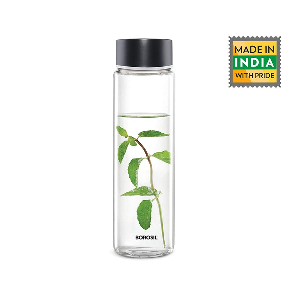 Borosil Neo Slim 550 ML Borosilicate Glass Bottle with Stainless Steel Lid | 1 Pc | Silver OR Black Lid