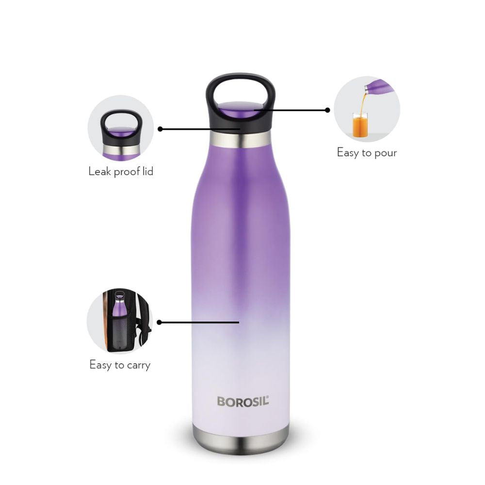 Borosil Stainless Seel Hydra ColourCrush 700 ML Vacuum Insulated Water Bottle | Violet | 1 Pc