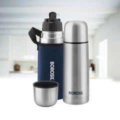 Borosil Stainless Steel Hydra Thermo Vacuum Insulated Flask | Silver & Blue | 1 Pc