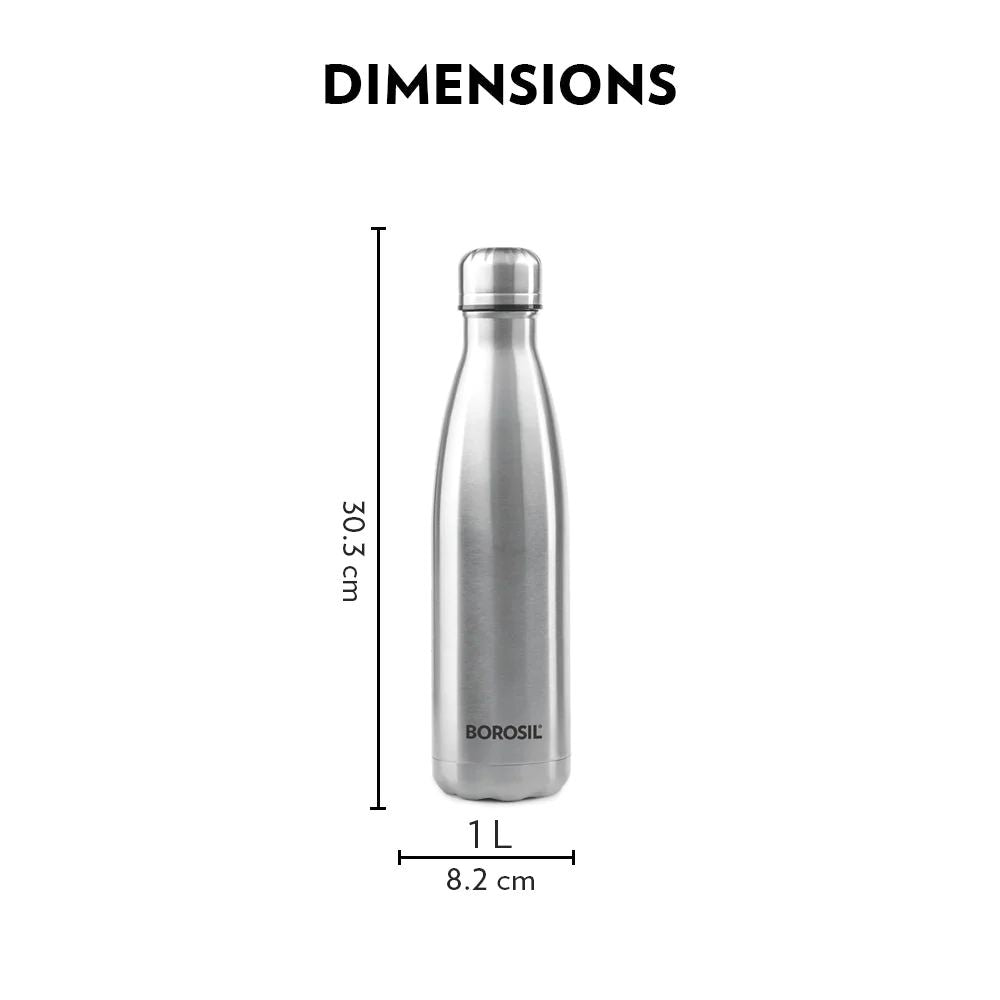 Borosil Stainless Steel Bolt 1000 ML Single Wall Bottle | Silver | 1 Pc