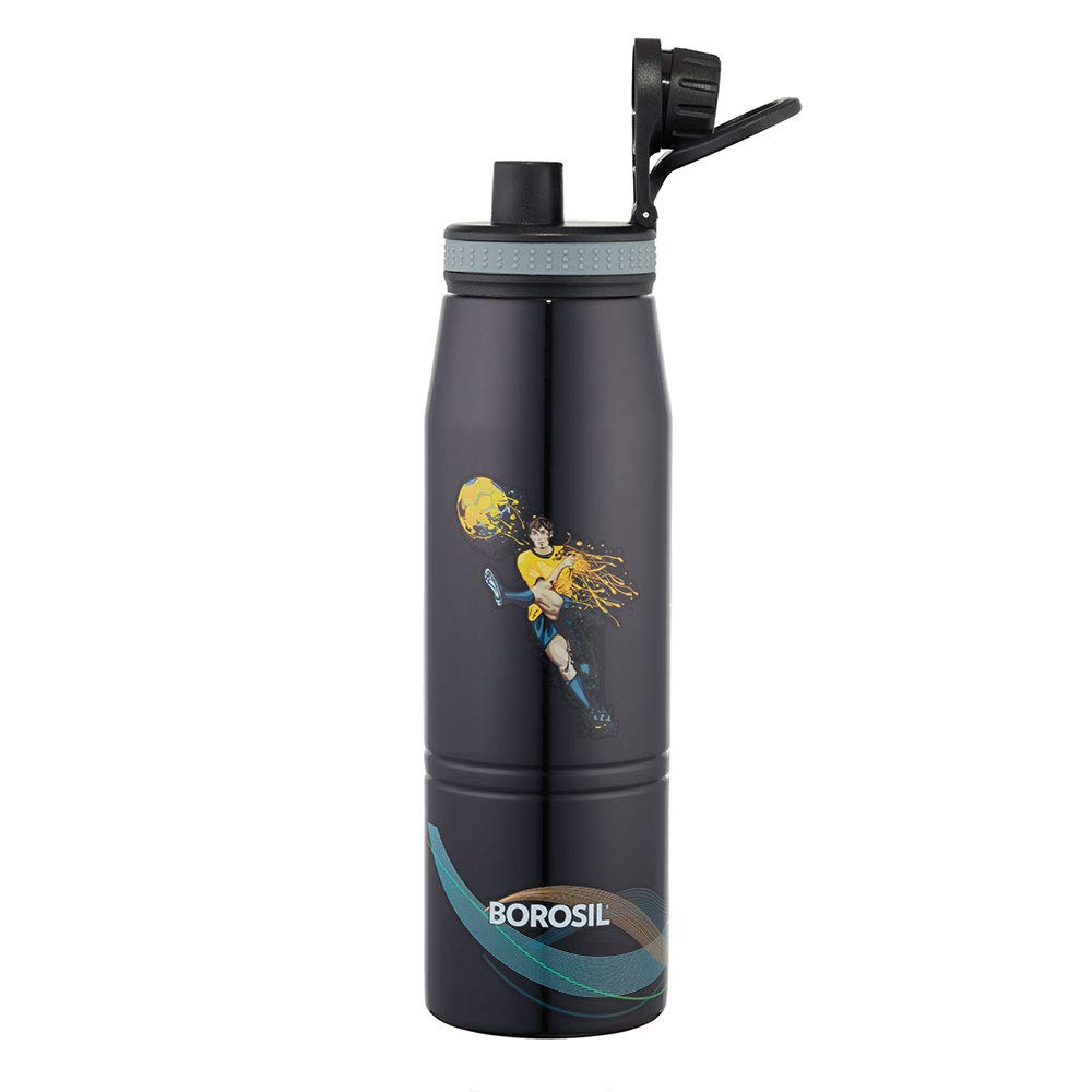 Borosil Stainless Steel Hydra Gosports Football 900 ML Vacuum Insulated Water Bottle | Black | 1 Pc