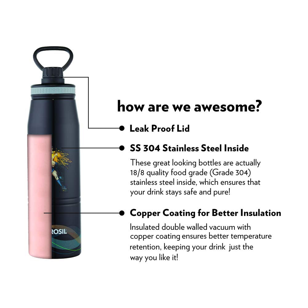 Borosil Stainless Steel Hydra Gosports Football 900 ML Vacuum Insulated Water Bottle | Black | 1 Pc