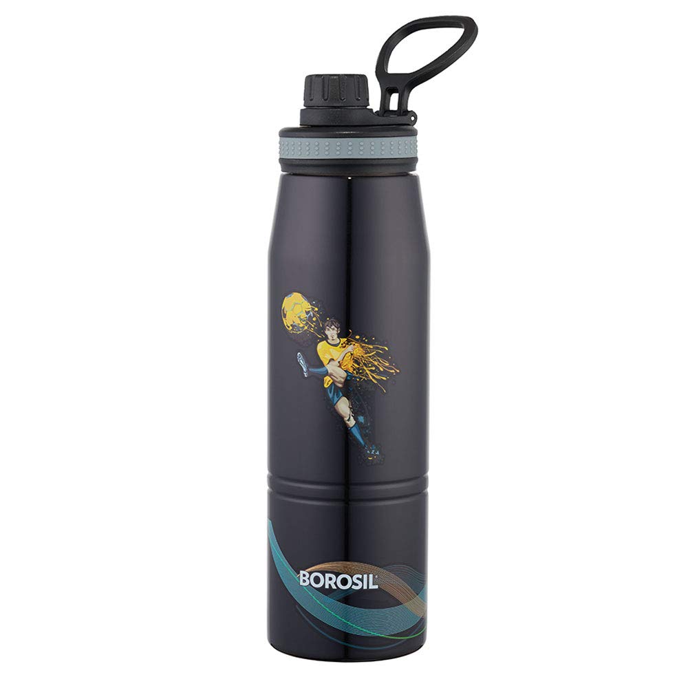 Borosil Stainless Steel Hydra Gosports Football 900 ML Vacuum Insulated Water Bottle | Black | 1 Pc