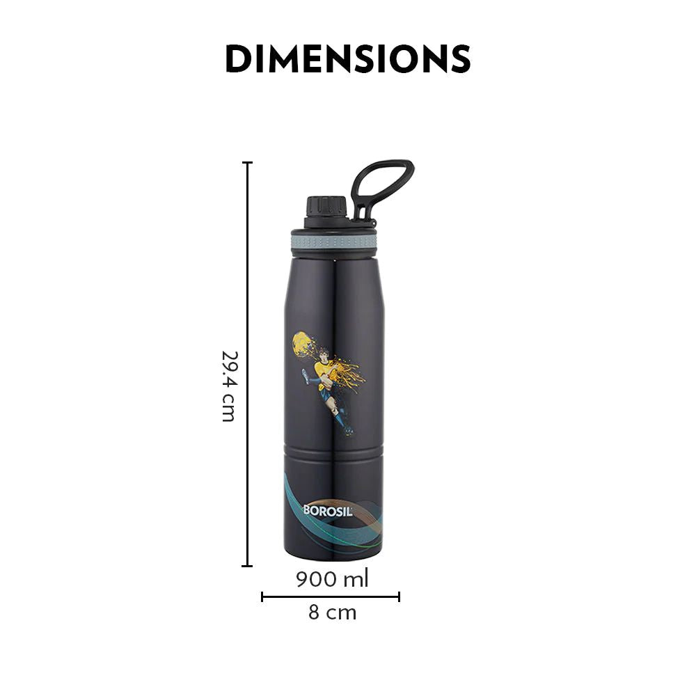 Borosil Stainless Steel Hydra Gosports Football 900 ML Vacuum Insulated Water Bottle | Black | 1 Pc