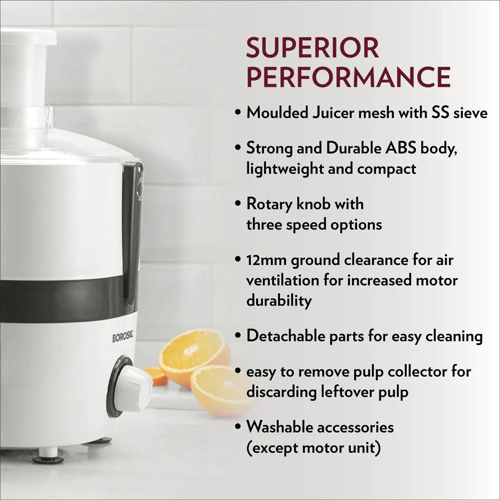 Borosil Primus III 500 Watts Centrifugal Juicer | White