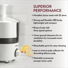 Borosil Primus III 500 Watts Centrifugal Juicer | White