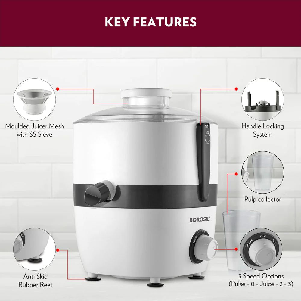 Borosil Primus III 500 Watts Centrifugal Juicer | White