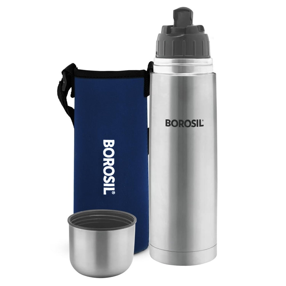 Borosil Stainless Steel Hydra Thermo Vacuum Insulated Flask | Silver & Blue | 1 Pc