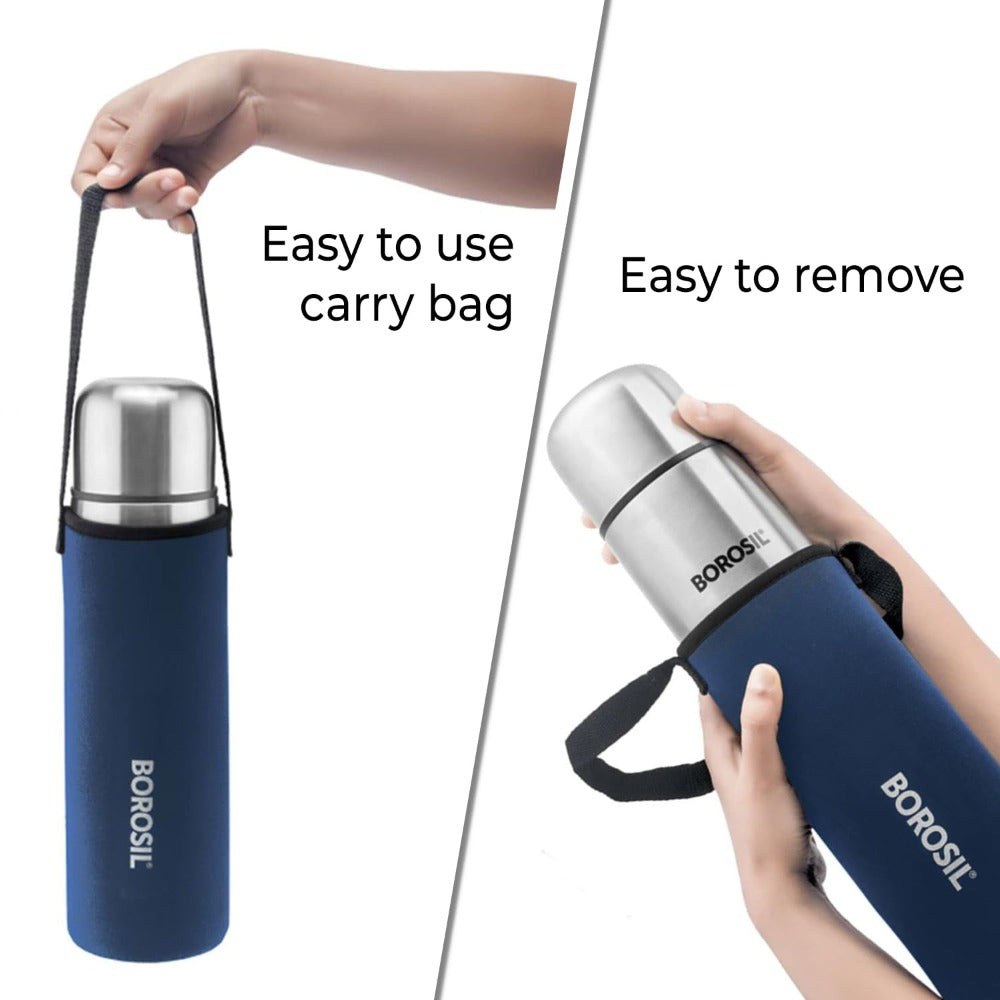 Borosil Stainless Steel Hydra Thermo Vacuum Insulated Flask | Silver & Blue | 1 Pc