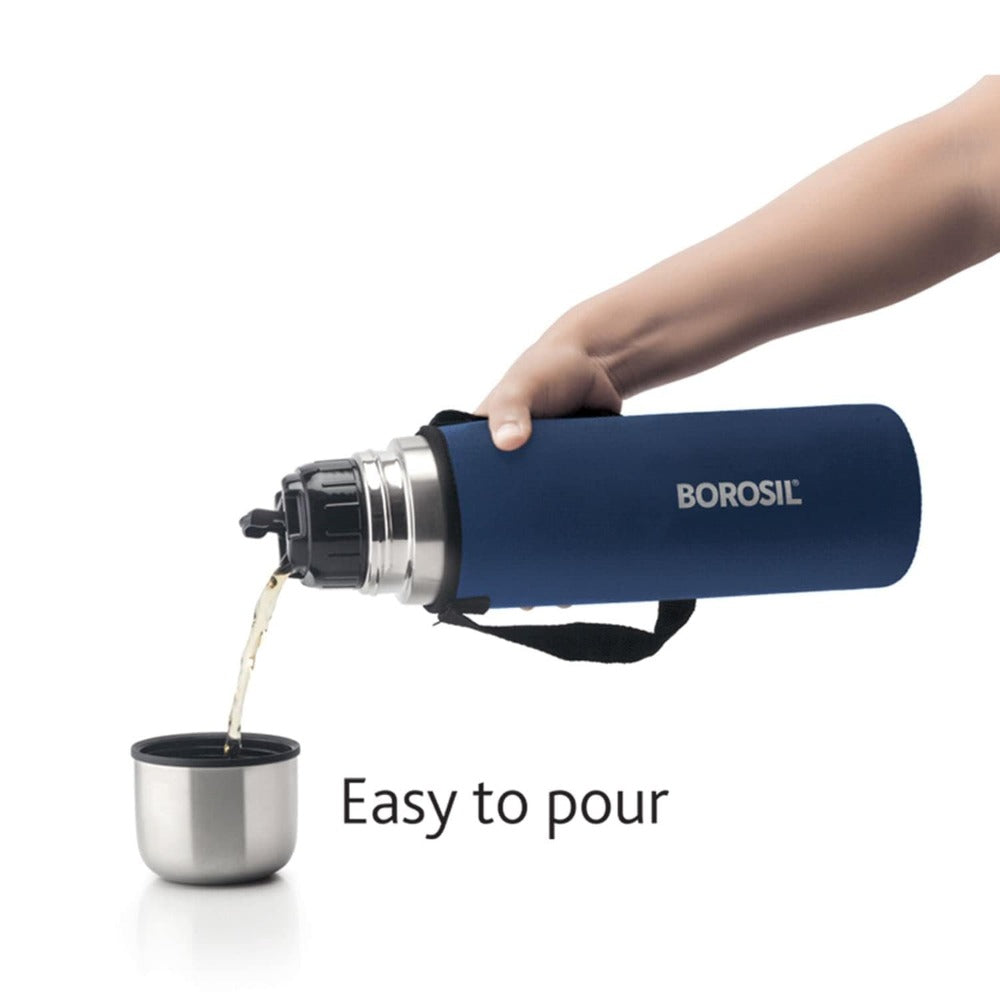 Borosil Stainless Steel Hydra Thermo Vacuum Insulated Flask | Silver & Blue | 1 Pc