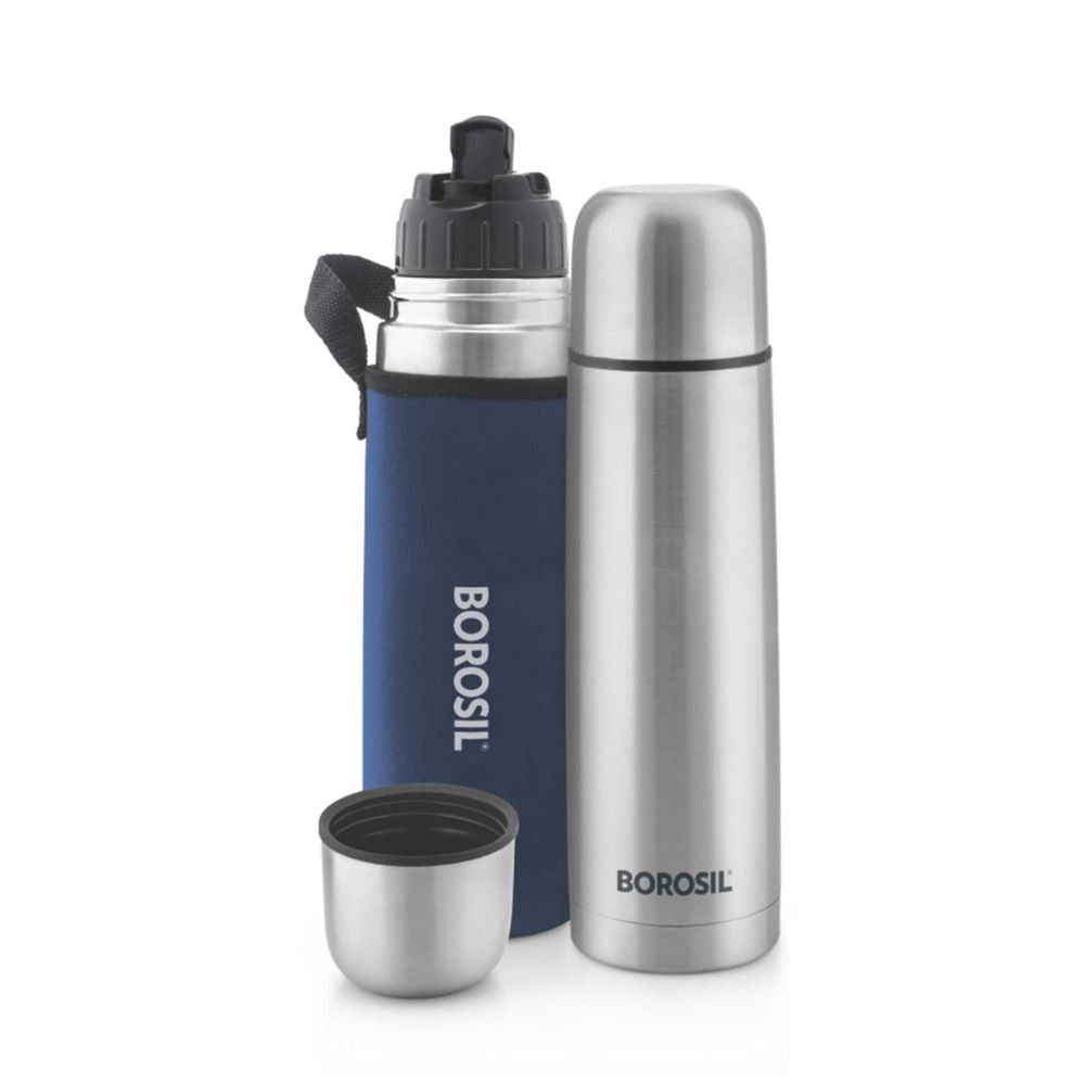 Borosil Stainless Steel Hydra Thermo Vacuum Insulated Flask | Silver & Blue | 1 Pc