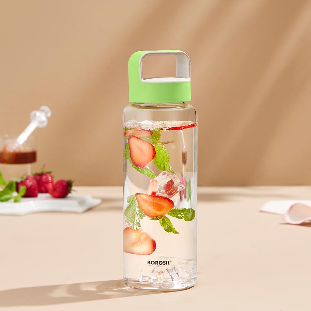 Borosil Crysto Wide 750 ML Borosilicate Glass Bottle with Blue Lid | Transparent | 1 Pc