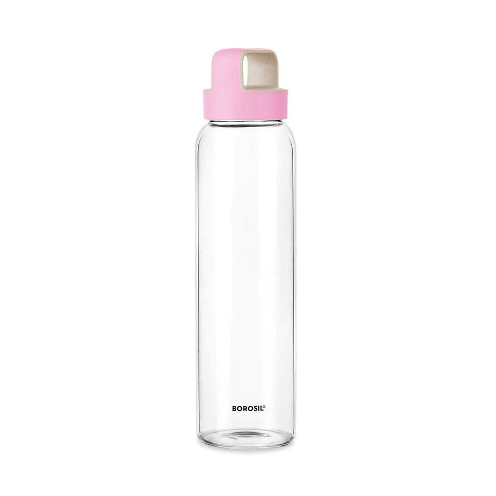 Borosil Crysto 750 ML Glass Bottle with Pink Lid | Transparent | 1 Pc