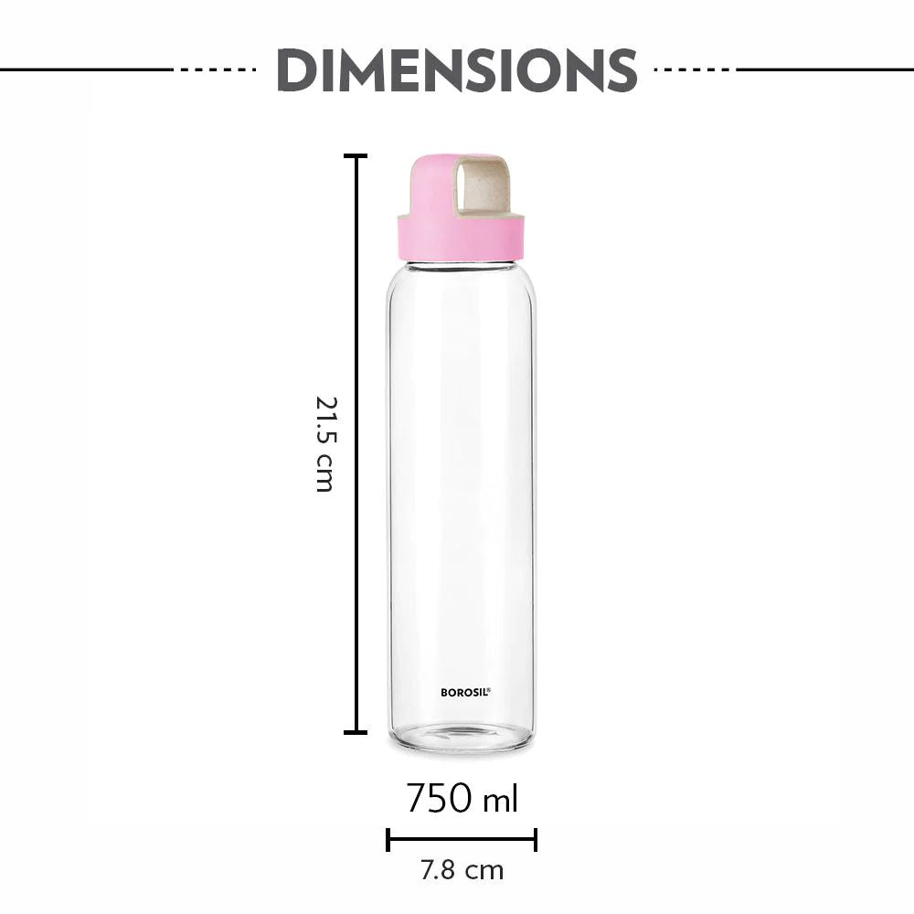 Borosil Crysto 750 ML Glass Bottle with Pink Lid | Transparent | 1 Pc