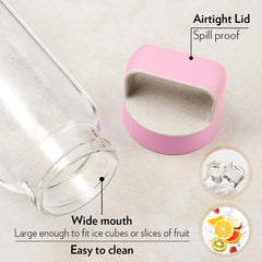 Borosil Crysto 750 ML Glass Bottle with Pink Lid | Transparent | 1 Pc