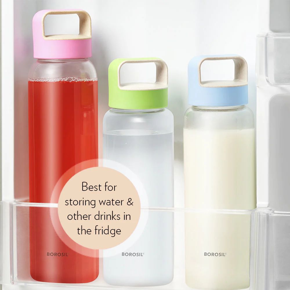 Borosil Crysto 750 ML Glass Bottle with Pink Lid | Transparent | 1 Pc