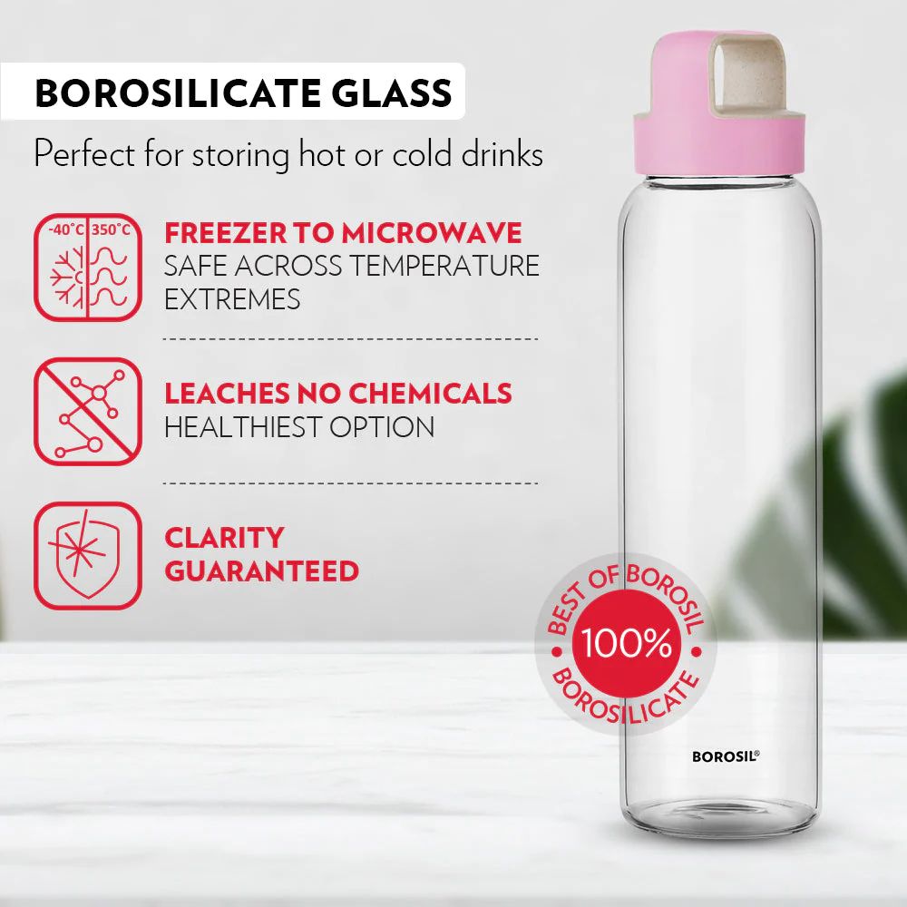 Borosil Crysto 750 ML Glass Bottle with Pink Lid | Transparent | 1 Pc