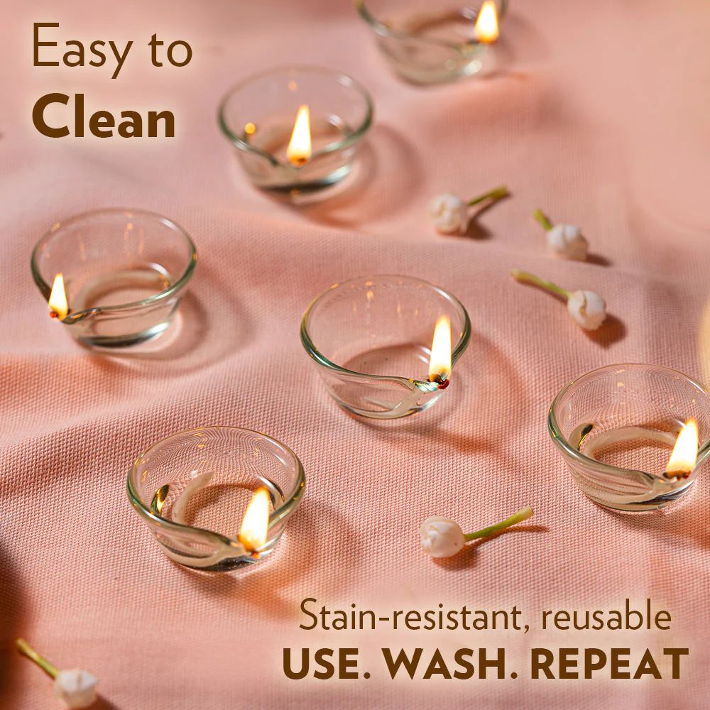 Borosil Small Glass Diya | Transparent | Set of 6 Pcs
