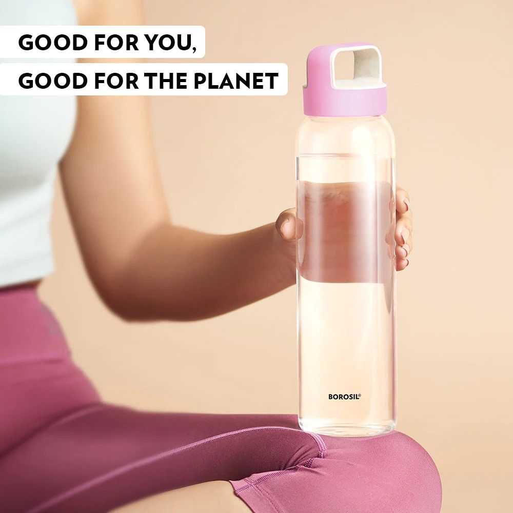Borosil Crysto 750 ML Glass Bottle with Pink Lid | Transparent | 1 Pc