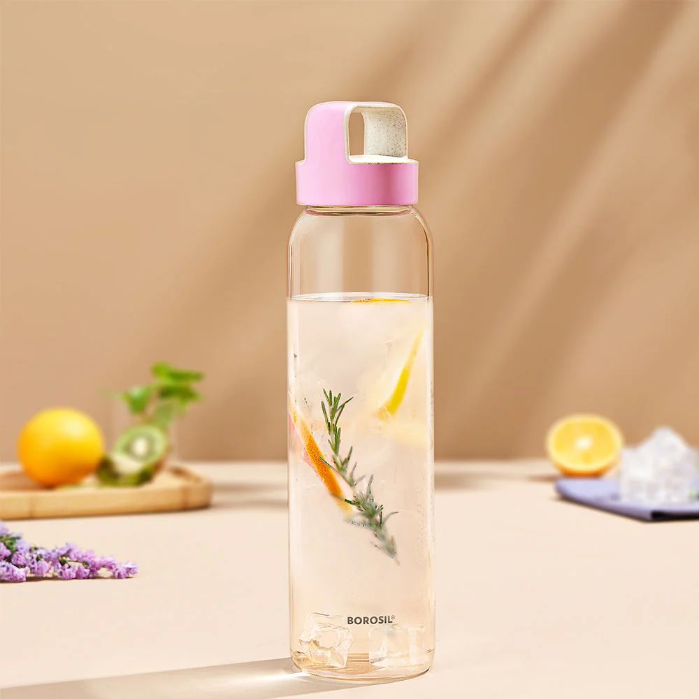 Borosil Crysto 750 ML Glass Bottle with Pink Lid | Transparent | 1 Pc