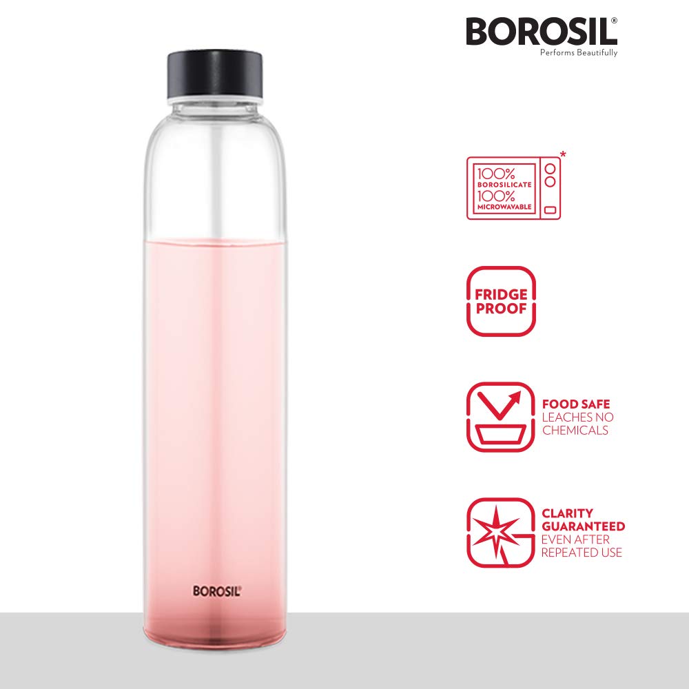 Borosil Crysto 550 ML Slim Glass Bottle with Black Lid | Transparent | 1 Pc