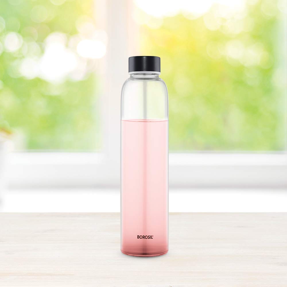 Borosil Crysto 550 ML Slim Glass Bottle with Black Lid | Transparent | 1 Pc