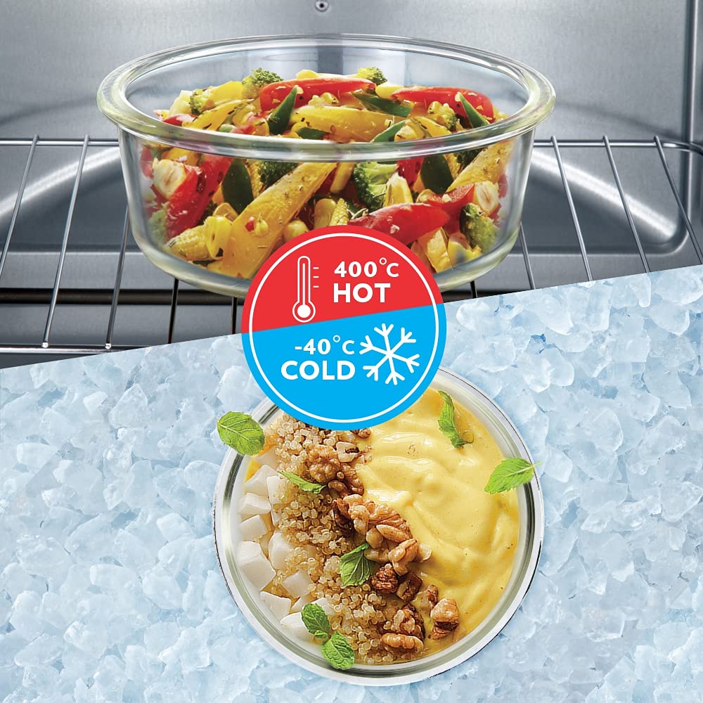 Borosil Klip n Store 400 ML + 620 ML + 950 ML Round Glass Container | Transparent | Set of 3 Pcs