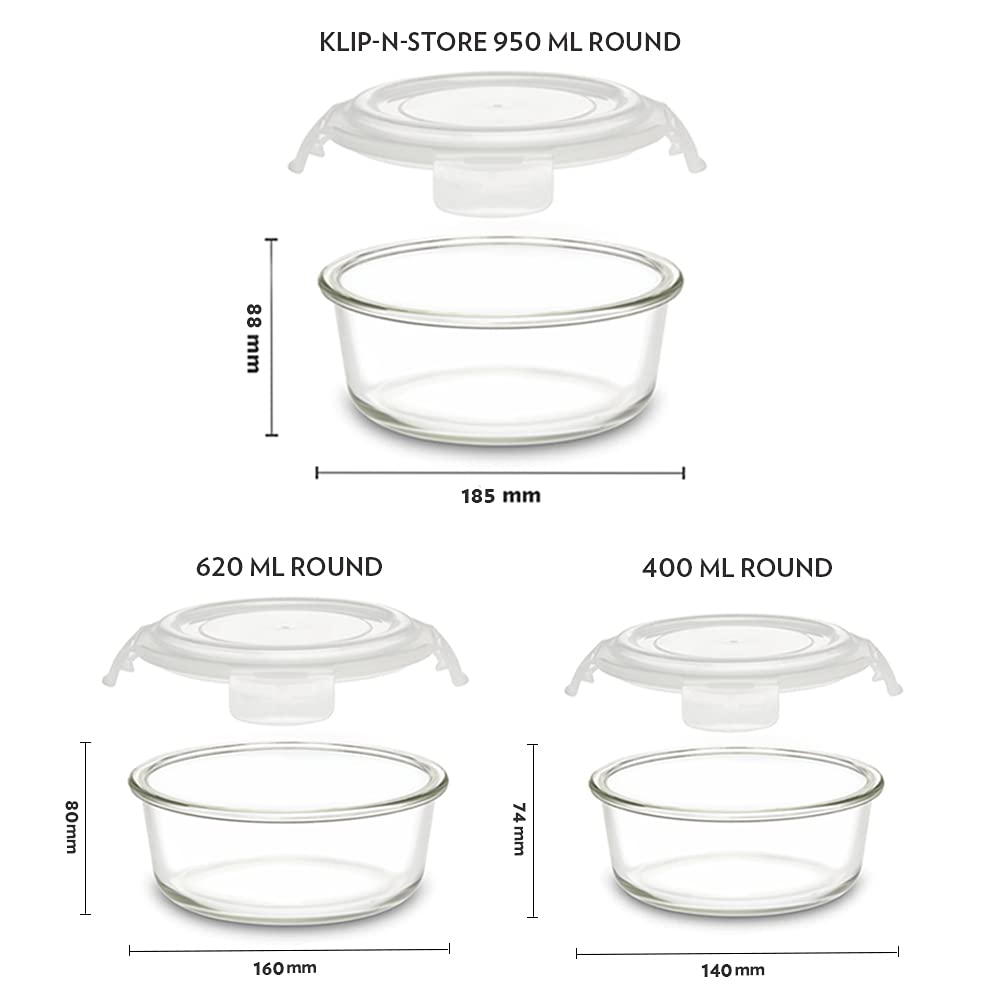 Borosil Klip n Store 400 ML + 620 ML + 950 ML Round Glass Container | Transparent | Set of 3 Pcs
