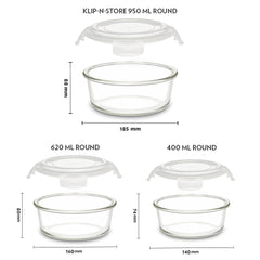 Borosil Klip n Store 400 ML + 620 ML + 950 ML Round Glass Container | Transparent | Set of 3 Pcs
