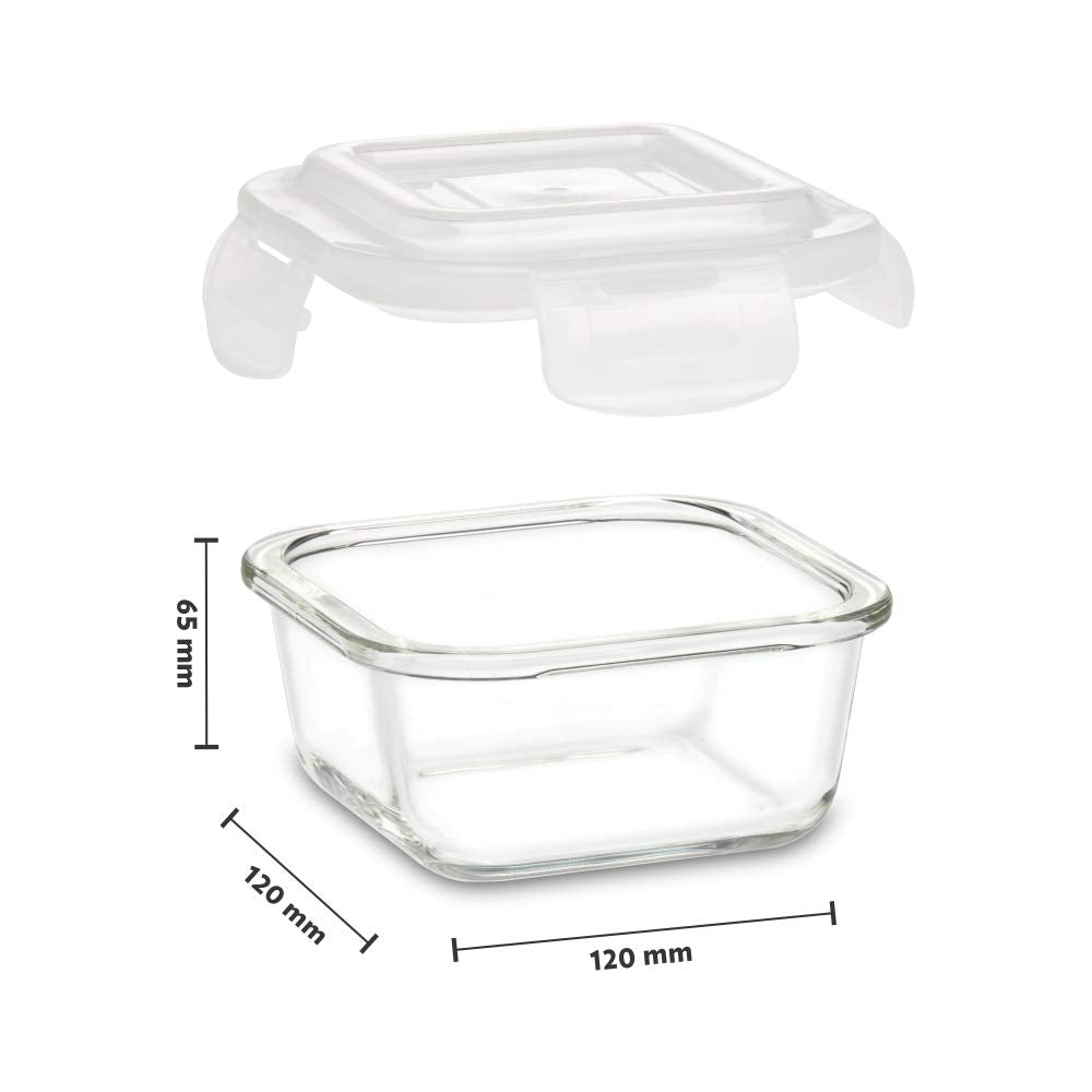 Borosil Klip n Store 320 ML Square Glass Container | Transparent | Set of 2 Pcs