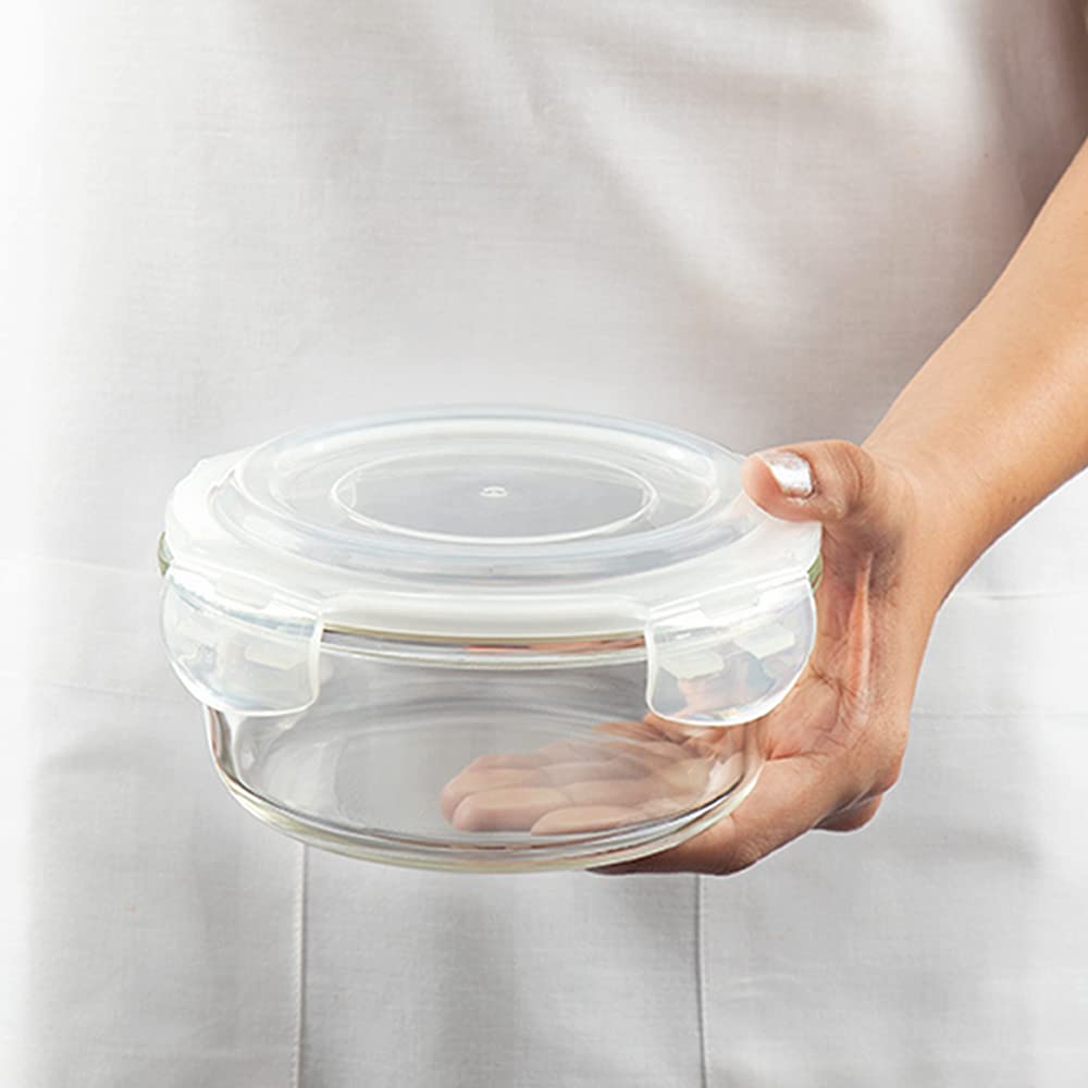 Borosil Klip n Store 620 ML Round Glass Container | Transparent | Set of 2 Pcs