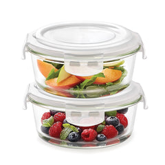 Borosil Klip n Store 620 ML Round Glass Container | Transparent | Set of 2 Pcs