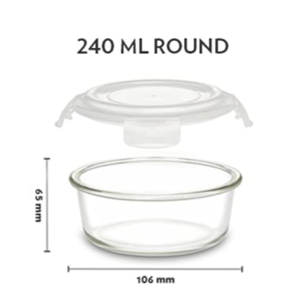 Borosil Klip n Store 240 ML Round Glass Container | Transparent | Set of 3 Pcs
