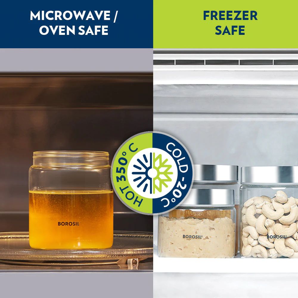 Borosil Endura 600 ML Airtight Glass Storage Jar Set with Stainless Steel Lid | Transparent | Set of 2 Pcs