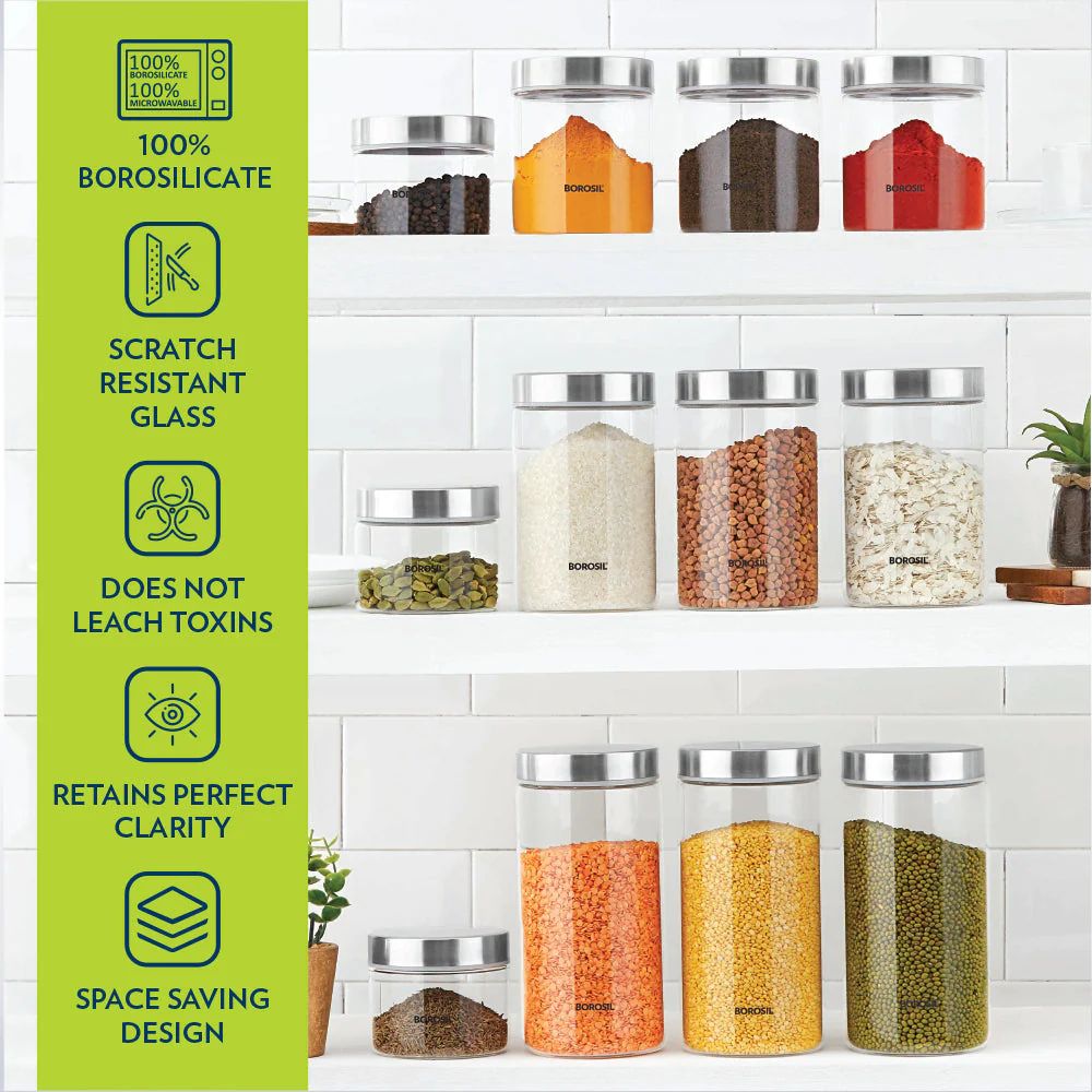 Borosil Endura 600 ML Airtight Glass Storage Jar Set with Stainless Steel Lid | Transparent | Set of 2 Pcs