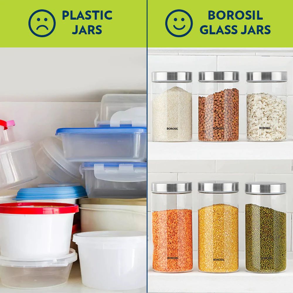 Borosil Endura 600 ML Airtight Glass Storage Jar Set with Stainless Steel Lid | Transparent | Set of 2 Pcs