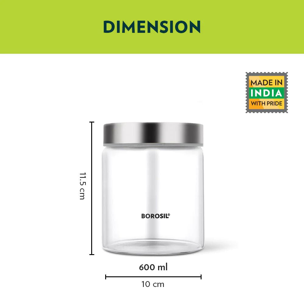 Borosil Endura 600 ML Airtight Glass Storage Jar Set with Stainless Steel Lid | Transparent | Set of 2 Pcs