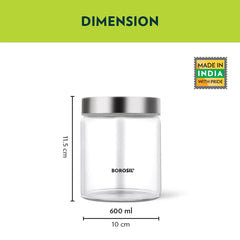 Borosil Endura 600 ML Airtight Glass Storage Jar Set with Stainless Steel Lid | Transparent | Set of 2 Pcs