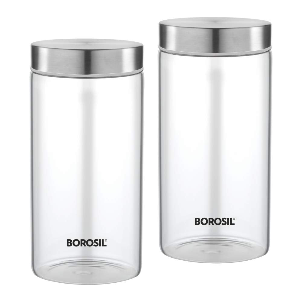 Borosil Endura 1200 ML Airtight Glass Storage Jar Set with Stainless Steel Lid | Transparent | Set of 2 Pcs