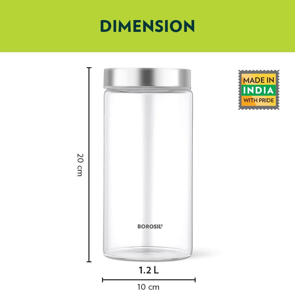 Borosil Endura 1200 ML Airtight Glass Storage Jar Set with Stainless Steel Lid | Transparent | Set of 2 Pcs