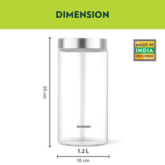 Borosil Endura 1200 ML Airtight Glass Storage Jar Set with Stainless Steel Lid | Transparent | Set of 2 Pcs